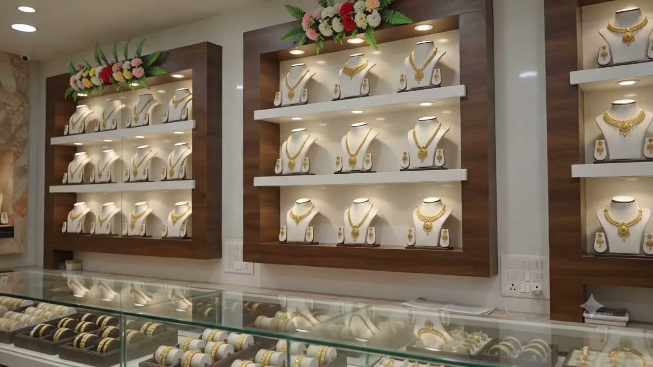 Gold necklace displays inside Saheli Jewellers